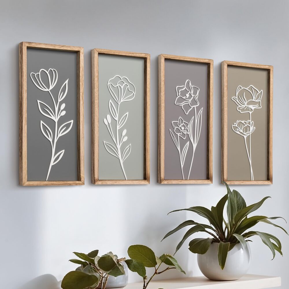 6640 3D Wooden Floral Bathroom Wall Decor Set of 4 Lightweight